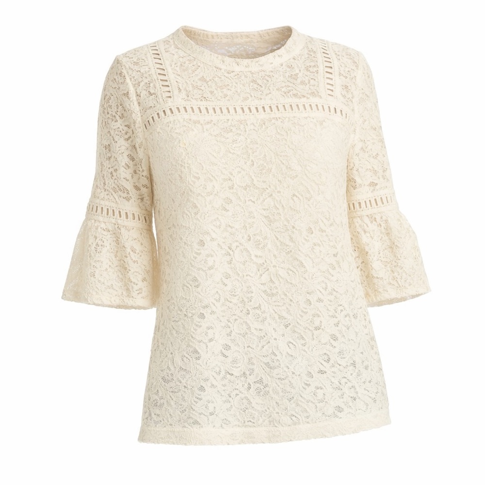 LOFT Sheer Lace Blouse Floral High Neck 3/4 Bell Sleeve - Size Large